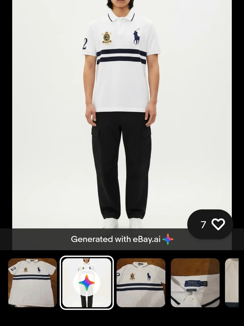 Ralph Lauren White Polo Shirt with Navy Stripes & Pony Logo - Picture 2 of 10